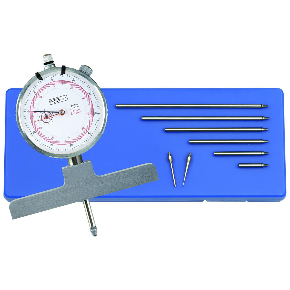 Dial Depth Gages; Minimum Measurement: 0; Maximum Measurement: 558.80; Graduation: 0.0100; Base Length: 4.0000; Base Width: 0.630 in; Accuracy: ± 0.001?/0.03mm; Rod Diameter: 0.176 in; Travel: 25.00