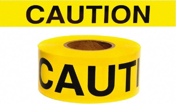 Barricade Tape: Yellow, Message:" Caution", 3.0000" Width, 135.00' Length