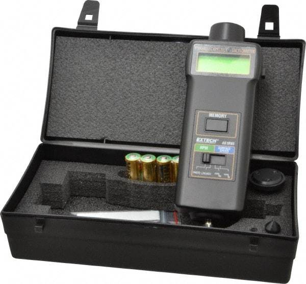 Extech - Accurate up to 0.05%, 0.1 (5 to 999.9) and 1 (1,000 to 99,999) RPM Resolution, Contact Tachometer - 8-1/2 Inch Long x 2.5984 Inch Wide x 1-1/2 Inch Meter Thick, 0.5 (Contact) and 5 (Photo) to 19,999 (Contact) and 99,999 (Photo) RPM Measurement - Apex Tool & Supply