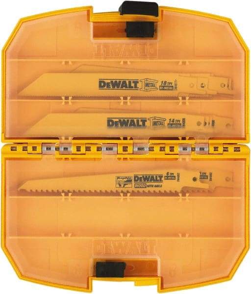 DeWALT - 15 Pieces, 6" Long x 0.04" Thickness, Bi-Metal Reciprocating Saw Blade Set - Straight Profile, 6 to 18 Teeth, Toothed Edge - Apex Tool & Supply