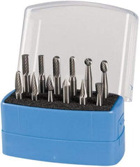Made in USA - 12 Piece, 1/4" Shank Burr Set - Solid Carbide, Multiple Head Shape - Apex Tool & Supply