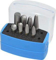 Made in USA - 8 Piece, 1/4" Shank Burr Set - Solid Carbide, Multiple Head Shapes, 14° Included Angle - Apex Tool & Supply