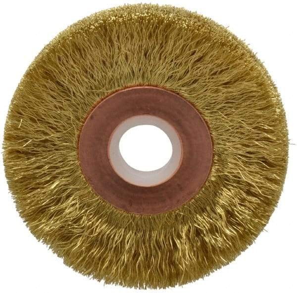 Anderson - 2" OD, 1/2" Arbor Hole, Crimped Brass Wheel Brush - 1/4" Face Width, 1/2" Trim Length, 0.005" Filament Diam, 20,000 RPM - Apex Tool & Supply