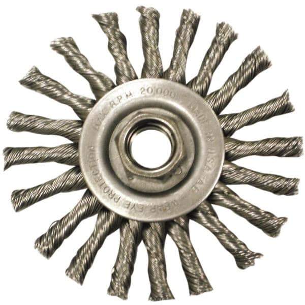 Anderson - 4" OD, M10x1.50 Arbor Hole, Knotted Steel Wheel Brush - 3/8" Face Width, 1" Trim Length, 0.02" Filament Diam, 20,000 RPM - Apex Tool & Supply