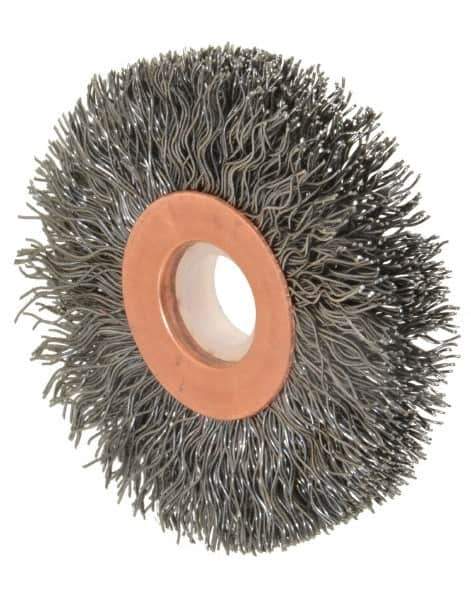 Anderson - 2" OD, 1/2" Arbor Hole, Crimped Steel Wheel Brush - 1/4" Face Width, 1/2" Trim Length, 0.0118" Filament Diam, 20,000 RPM - Apex Tool & Supply