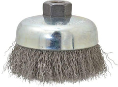 Anderson - 4" Diam, 5/8-11 Threaded Arbor, Stainless Steel Fill Cup Brush - 0.014 Wire Diam, 1-1/4" Trim Length, 9,000 Max RPM - Apex Tool & Supply