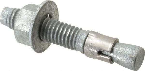 Made in USA - 3/8" Diam, 3/8" Drill, 2-1/4" OAL, 2-7/8" Min Embedment Wedge Expansion Concrete Anchor - Grade 5 Steel, Galvanized Finish, Hex Nut Head, Hex Drive, 1-3/16" Thread Length - Apex Tool & Supply