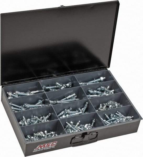 Value Collection - 290 Piece, 1/4 to 1/2" Screw, Steel Anchor Assortment - Zinc Plated, 1-3/4 to 5-1/2" Long - Apex Tool & Supply