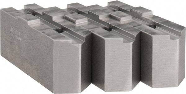 Abbott Workholding Products - 10" & Up Chuck Capacity, Tongue & Groove Attachment, Square Soft Lathe Chuck Jaw - 3 Jaws, Steel, 2-1/8" Btw Mount Hole Ctrs, 4-1/2" Long x 1-1/2" Wide x 2" High, 1/2" Groove, 1/2" Fastener - Apex Tool & Supply