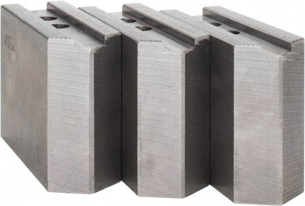 Abbott Workholding Products - 12" & Up Chuck Capacity, 1.5mm x 60° Serrated Attachment, Square Soft Lathe Chuck Jaw - 3 Jaws, Steel, 1.1811" Btw Mount Hole Ctrs, 5-1/2" Long x 2" Wide x 4" High, 0.8268" Groove, 0.6299" & 16mm Fastener - Apex Tool & Supply