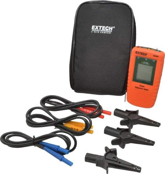 Extech - 3 Phase, 40 to 600 VAC, 15 to 400 Hz, 32 to 104°F, LCD Display Phase Rotation Tester - No Battery Required, Includes Alligator Clips, Test Leads, CAT III 600 V, CE, EN 61010-1 - Apex Tool & Supply