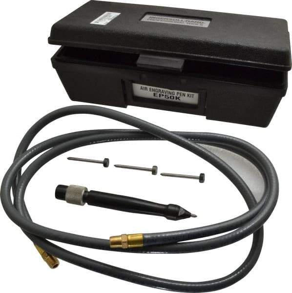 Ingersoll-Rand - 18,750 BPM, 90 psi, Air Engraving Pen - 66" Hose, Includes (3)Assorted Styluses; Engraving Pen with Medium Point Stylus; Flexible Hose; Plastic Carrying Case Kit - Apex Tool & Supply