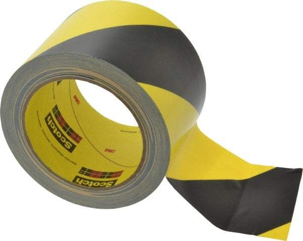 3M - Black & Yellow Striped Vinyl Tape - 3" Wide x 5.4 mil Thick, General Traffic - Apex Tool & Supply