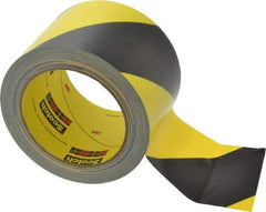 3M - Black & Yellow Striped Vinyl Tape - 3" Wide x 5.4 mil Thick, General Traffic - Apex Tool & Supply