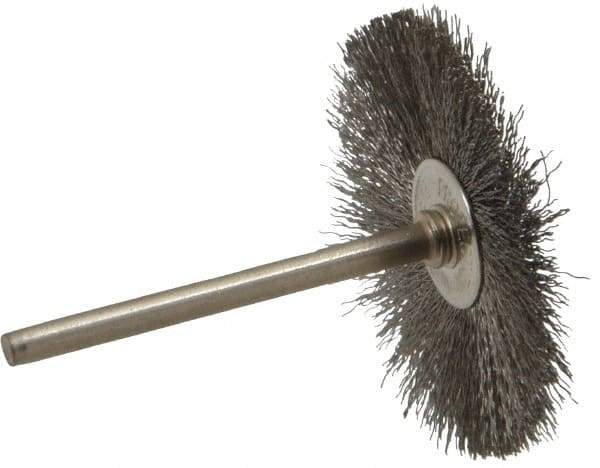 Anderson - 1-1/2" OD, 1/8" Shank Diam, Crimped Stainless Steel Wheel Brush - 0.005" Filament Diam, 25,000 RPM - Apex Tool & Supply