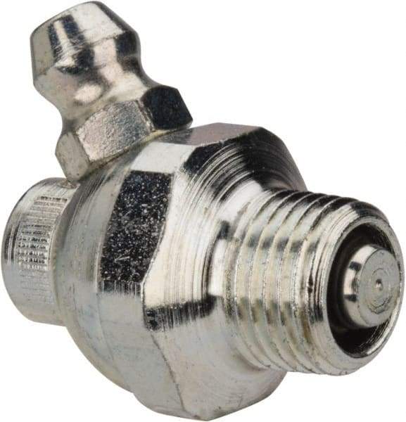Alemite - 60° Head Angle, 1/8 PTF Nickel/Copper Shut-Off Grease Fitting - 5/8" Hex, 1" Overall Height, 17/64" Shank Length, Zinc Plated Finish - Apex Tool & Supply