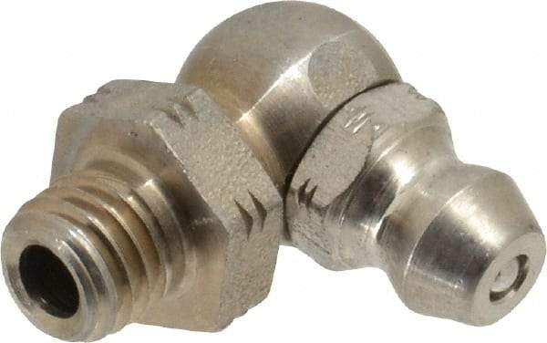 Alemite - 90° Head Angle, 1/4-28 Taper Stainless Steel Standard Grease Fitting - 3/8" Hex, 3/4" Overall Height, 13/64" Shank Length - Apex Tool & Supply