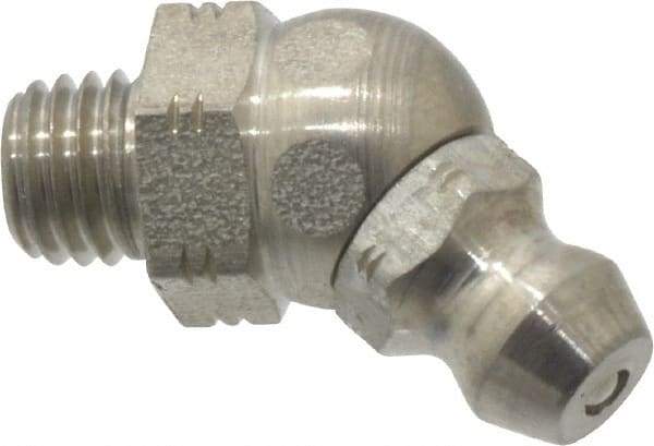 Alemite - 45° Head Angle, 1/4-28 Taper Stainless Steel Standard Grease Fitting - 3/8" Hex, 13/16" Overall Height, 13/64" Shank Length - Apex Tool & Supply