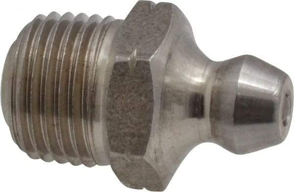 Alemite - Straight Head Angle, 1/8 PTF Nickel/Copper Standard Grease Fitting - 7/16" Hex, 3/4" Overall Height, 5/16" Shank Length - Apex Tool & Supply
