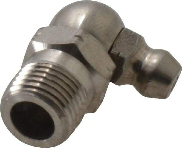 Alemite - 90° Head Angle, 1/8 PTF Nickel/Copper Standard Grease Fitting - 7/16" Hex, 7/8" Overall Height, 11/32" Shank Length - Apex Tool & Supply