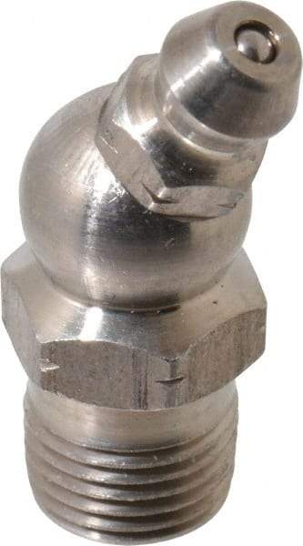 Alemite - 30° Head Angle, 1/8 PTF Nickel/Copper Standard Grease Fitting - 7/16" Hex, 1-1/4" Overall Height, 11/32" Shank Length - Apex Tool & Supply