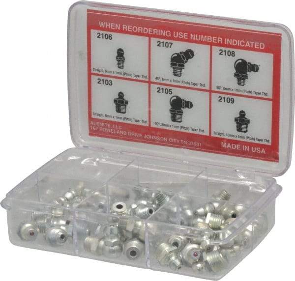 Alemite - 44 Piece, Metric, Box Grease Fitting Set - Includes Metric Thread Types, Includes M10x1: (10) Straight, M6x1: (10) Straight, (6) 45°, (6) 90°, M8x1: (6) Straight, (6) 90° - Apex Tool & Supply