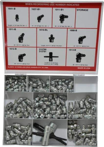 Alemite - 134 Piece, Inch, Box Nickel/Copper Grease Fitting Set - Includes PTF, Taper Thread Types, Includes 1/4-28 NPT: (24) Straight, (12) 45°, (12) 90°, 1/8 PTF: (36) Straight, (12) 30°, (12) 45°, (12) 90° - Apex Tool & Supply