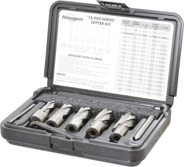 Hougen - 8 Piece, 9/16 to 1-1/16" Cutter Diam, 1" Cutting Depth, High Speed Steel Annular Cutter Set - Bright Finish, 3/4" Shank Diam, 9/16, 11/16, 13/16, 15/16, 1-1/16" Cutter Diams, 2 Flats on Shank - Apex Tool & Supply