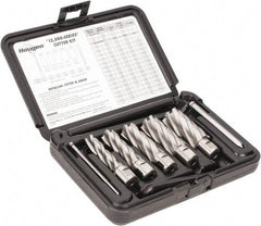 Hougen - 8 Piece, 9/16 to 1-1/16" Cutter Diam, 2" Cutting Depth, High Speed Steel Annular Cutter Set - Bright Finish, 3/4" Shank Diam, 9/16, 11/16, 13/16, 15/16, 1-1/16" Cutter Diams, 2 Flats on Shank - Apex Tool & Supply