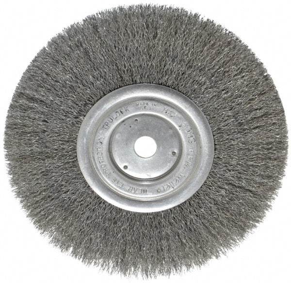 Weiler - 8" OD, 5/8" Arbor Hole, Crimped Steel Wheel Brush - 3/4" Face Width, 2-1/16" Trim Length, 0.0104" Filament Diam, 6,000 RPM - Apex Tool & Supply