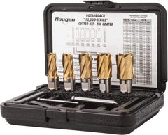 Hougen - 8 Piece, 9/16 to 1-1/16" Cutter Diam, 1" Cutting Depth, High Speed Steel Annular Cutter Set - TiN Finish, 3/4" Shank Diam, 9/16, 11/16, 13/16, 15/16, 1-1/16" Cutter Diams, 2 Flats on Shank - Apex Tool & Supply
