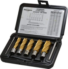 Hougen - 9 Piece, 9/16 to 1-1/16" Cutter Diam, 2" Cutting Depth, High Speed Steel Annular Cutter Set - TiN Finish, 3/4" Shank Diam, 9/16, 11/16, 13/16, 15/16, 1-1/16" Cutter Diams, 2 Flats on Shank - Apex Tool & Supply