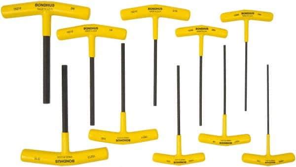 Bondhus - 10 Piece T-Handle Cushion Grip Hex Key Set - Hex Range 3/32 to 3/8", 6" OAL, Protanium High Torque Steel - Apex Tool & Supply