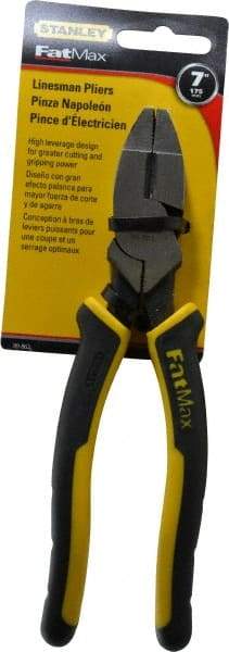 Stanley - 7-5/8" OAL, 1-1/2" Jaw Length x 1" Jaw Width, Side Cutting Linesman's Pliers - Serrated Jaw, Flat Nose Head, Bi-Material Cushion Grip Handles - Apex Tool & Supply