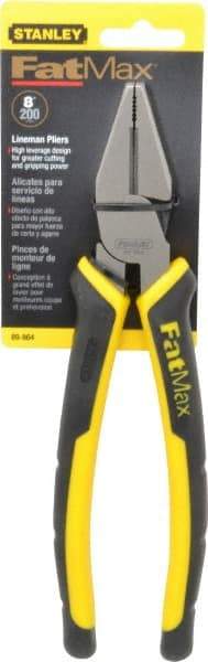 Stanley - 8-3/8" OAL, 1-1/2" Jaw Length x 1" Jaw Width, Side Cutting Linesman's Pliers - Serrated Jaw, Flat Nose Head, Bi-Material Cushion Grip Handles - Apex Tool & Supply