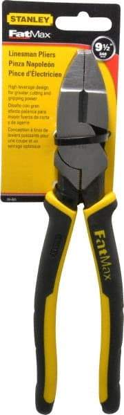 Stanley - 9-3/8" OAL, 1-1/2" Jaw Length x 1" Jaw Width, Side Cutting Linesman's Pliers - Serrated Jaw, Flat Nose Head, Bi-Material Cushion Grip Handles - Apex Tool & Supply