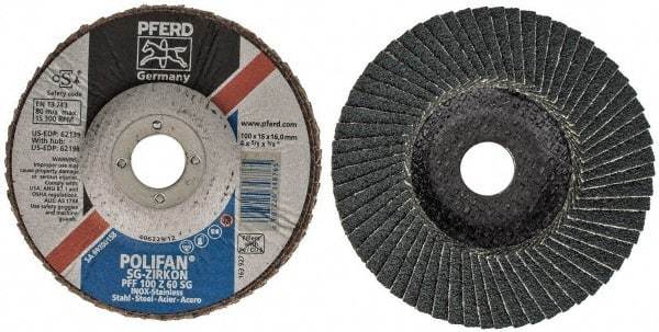PFERD - 60 Grit, 4" Disc Diam, 5/8" Center Hole, Type 27 Zirconia Alumina Flap Disc - 15,300 Max RPM, Fiberglass Backing, Arbor Attaching System, Coated - Apex Tool & Supply