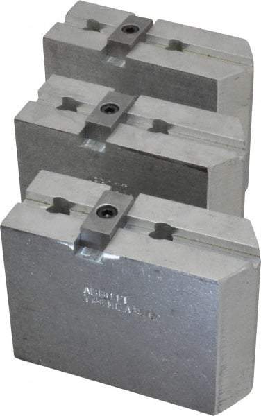 Abbott Workholding Products - 8" & Up Chuck Capacity, Tongue & Groove Attachment, Square Soft Lathe Chuck Jaw - 3 Jaws, Aluminum, 1-3/4" Btw Mount Hole Ctrs, 4" Long x 1-1/2" Wide x 3" High, 5/16" Groove, 3/8" Fastener - Apex Tool & Supply
