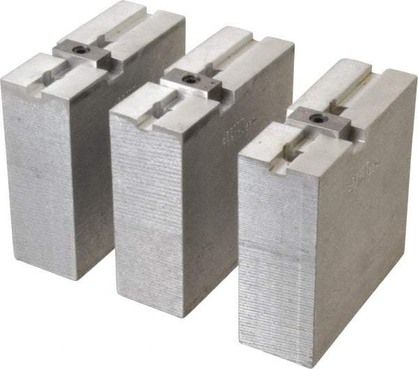 Abbott Workholding Products - 8" & Up Chuck Capacity, Tongue & Groove Attachment, Square Soft Lathe Chuck Jaw - 3 Jaws, Aluminum, 1-3/4" Btw Mount Hole Ctrs, 4" Long x 1-1/2" Wide x 4" High, 5/16" Groove, 3/8" Fastener - Apex Tool & Supply