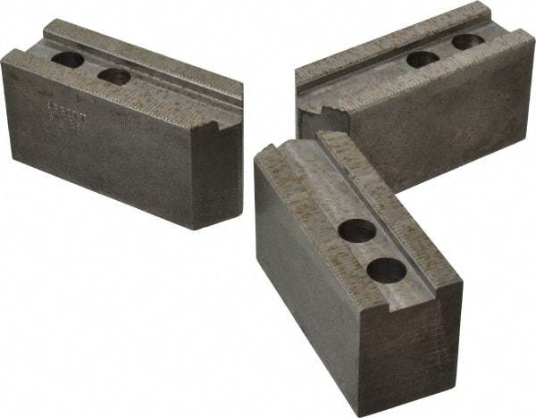 Abbott Workholding Products - 8" & Up Chuck Capacity, 1/16" x 90 Serrated Attachment, Square Soft Lathe Chuck Jaw - 3 Jaws, Steel, 29/32" Btw Mount Hole Ctrs, 4" Long x 1-1/2" Wide x 2" High, 0.669" Groove, 0.4724" & 12mm Fastener - Apex Tool & Supply