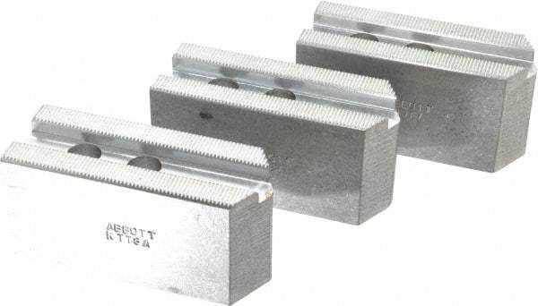 Abbott Workholding Products - 8" & Up Chuck Capacity, 1.5mm x 60° Serrated Attachment, Square Soft Lathe Chuck Jaw - 3 Jaws, Aluminum, 63/64" Btw Mount Hole Ctrs, 4" Long x 1-1/2" Wide x 2" High, 0.5512" Groove, 0.4724" & 12mm Fastener - Apex Tool & Supply