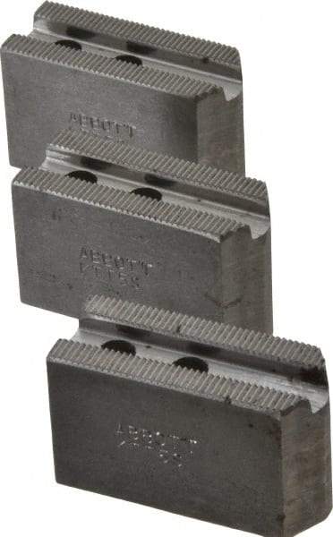 Abbott Workholding Products - 5" & Up Chuck Capacity, 1.5mm x 60° Serrated Attachment, Square Soft Lathe Chuck Jaw - 3 Jaws, Steel, 0.7087" Btw Mount Hole Ctrs, 2-1/2" Long x 1" Wide x 1-1/2" High, 0.3937" Groove, 0.315" & 8mm Fastener - Apex Tool & Supply