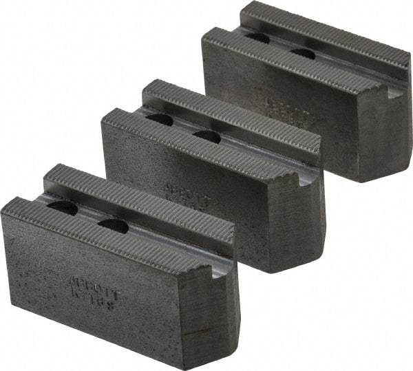 Abbott Workholding Products - 6" & Up Chuck Capacity, 1.5mm x 60° Serrated Attachment, Square Soft Lathe Chuck Jaw - 3 Jaws, Steel, 0.7874" Btw Mount Hole Ctrs, 3" Long x 1-1/4" Wide x 1-1/2" High, 0.4724" Groove, 0.3937" & 10mm Fastener - Apex Tool & Supply