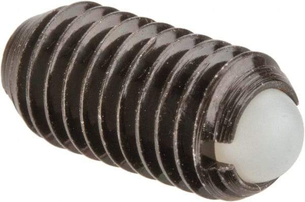 Vlier - M8x1.25, 5mm Ball Diam, 16mm Body Length, 1.5mm Max Ball Reach, Threaded Ball Plunger - Steel Body, Nylon Ball, 3.37 Lb Initial End Force, 6.75 Lb Final End Force, Locking Element - Apex Tool & Supply
