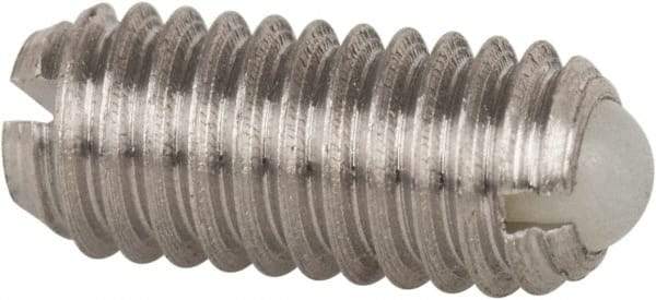 Vlier - M4x0.7, 2.5mm Ball Diam, 9mm Body Length, 0.81mm Max Ball Reach, Threaded Ball Plunger - Stainless Steel Body, Nylon Ball, 0.9 Lb Initial End Force, 2.25 Lb Final End Force - Apex Tool & Supply