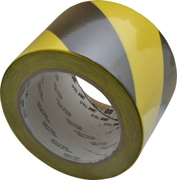 3M - Black & Yellow Striped Vinyl Tape - 3" Wide x 108' Long x 0.005" Thick, General Traffic - Apex Tool & Supply
