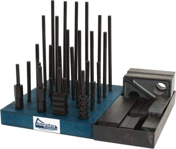 Gibraltar - 50 Piece Fixturing Step Block & Clamp Set with 1" Step Block, 7/16" T-Slot, 3/8-16 Stud Thread - 11/16" Nut Width, 3, 4, 5, 6, 7 & 8" Stud Lengths - Apex Tool & Supply