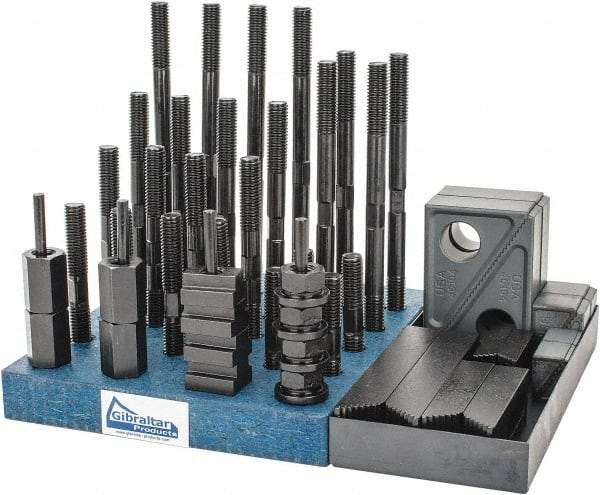 Gibraltar - 50 Piece Fixturing Step Block & Clamp Set with 1" Step Block, 5/8" T-Slot, 1/2-13 Stud Thread - 1" Nut Width, 3, 4, 5, 6, 7 & 8" Stud Lengths - Apex Tool & Supply