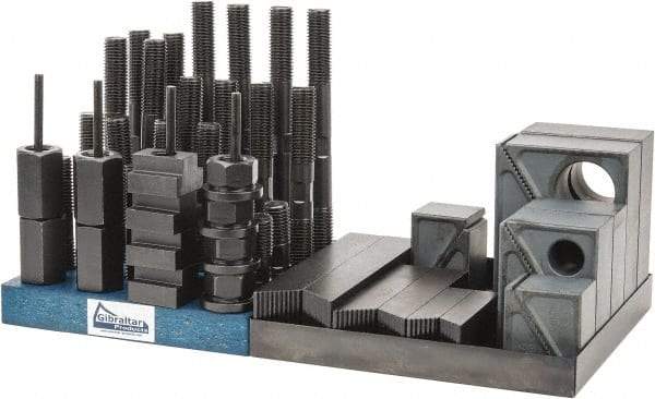 Gibraltar - 50 Piece Fixturing Step Block & Clamp Set with 1-1/2" Step Block, 7/8" T-Slot, 3/4-10 Stud Thread - 1-1/2" Nut Width, 3, 4, 5, 6, 7 & 8" Stud Lengths - Apex Tool & Supply