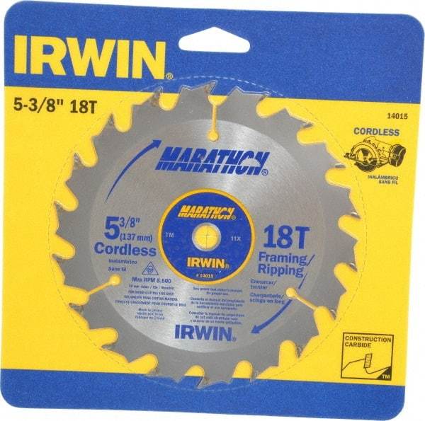 Irwin - 5-3/8" Diam, 10mm Arbor Hole Diam, 18 Tooth Wet & Dry Cut Saw Blade - Carbide-Tipped, Framing & Ripping Action, Standard Round Arbor - Apex Tool & Supply
